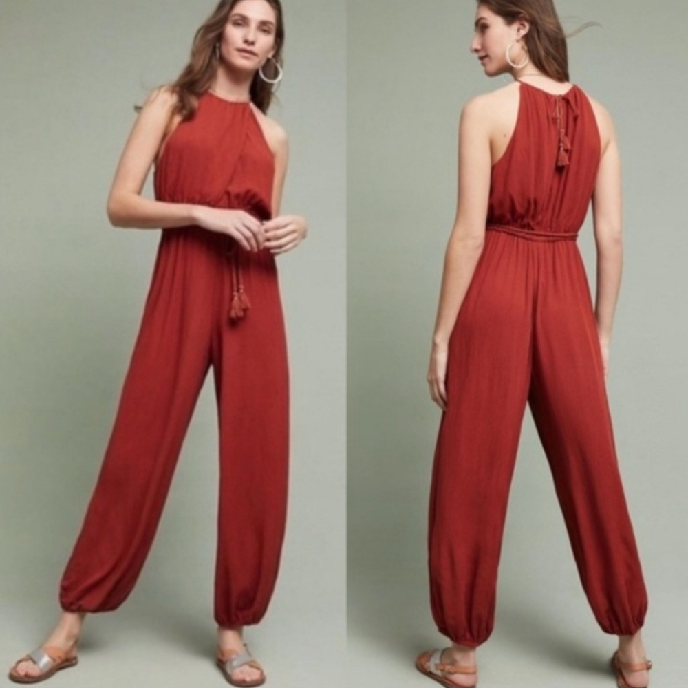 Anthro Elevenses burnt orange microplisse jumpsuit S